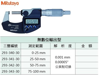 日本三豐Mitutoyo IP65 293-340-30 防塵防水數位式外徑分厘卡 防塵防水數位式外徑測微器0-25mm