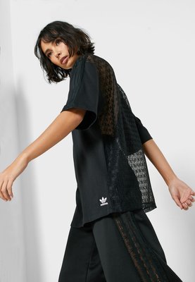 【Dr.Shoes 】Adidas Originals LACE-BACK 女裝 黑 蕾絲 透視 短袖T恤 FM1737