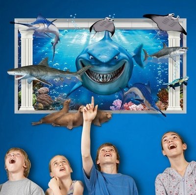 DIY創意組合壁貼/貼紙/牆貼~特大型60*90透明反覆貼壁貼.3D鯊魚 AY9262