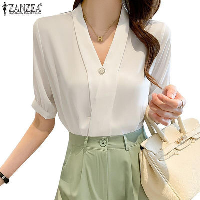 Zanzea 女式韓版休閒短袖 V 領雪紡襯衫和襯衫