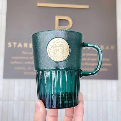 星巴克馬克杯2022新款墨綠色女神經典銘牌銅章大容量玻璃咖啡杯子~可開發票