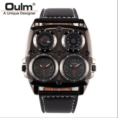現貨手錶腕錶Oulm大錶盤時尚休閑男錶 大錶盤雙時區指南針溫度計男士石英錶