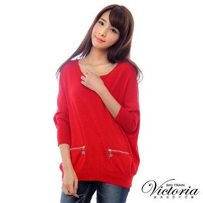2【Victoria】全新蝴蝶結拉鍊寬鬆七分袖線衫(紅色)~F