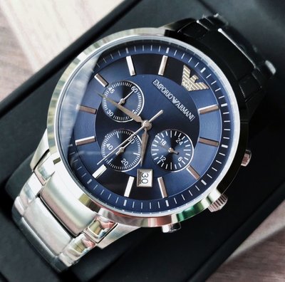 EMPORIO ARMANI 藍色面錶盤 銀色不鏽鋼錶帶 石英 三眼計時 男士手錶 AR2448 亞曼尼腕錶