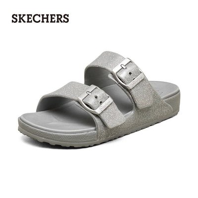 100％原廠Skechers斯凱奇年夏季新款女子時尚厚底閃粉方扣涼拖鞋111057