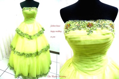 【時尚屋婚紗禮服】蘋果綠水鑽露肩蕾絲設計師精緻造型款《二手禮服》～Ｗ３３０(歡迎預約試穿)