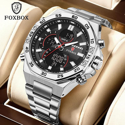 Lige x FOXBOX 男士防水手錶雙顯示數字手錶石英鋼錶帶