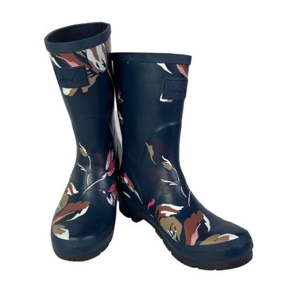 Miolla 英國品牌Joules 深藍綠色底水彩花朵 中筒雨鞋/雨靴