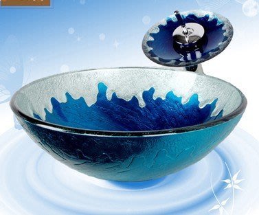FUO衛浴:42x42公分 地中海藍 彩繪工藝 藝術強化玻璃碗公盆 (LX32)現貨1組!含P管落水頭