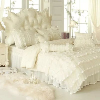 公主床罩組 標準雙人床罩組 巴黎風情 奶白色 5尺薄床罩 薄被套 4件組 公主風 床罩組 波浪床裙 床裙組