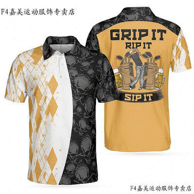 騰飛Grip it Rip it sip it golf V2 polo 衫 骷髏高爾夫襯衫設計黃色鑽石圖案 Golfpol