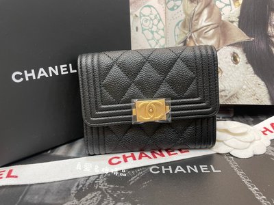 《真愛名牌精品》CHANEL A84311 BOY 黑色荔枝皮 霧金扣 卡片零錢包 *全新*代購