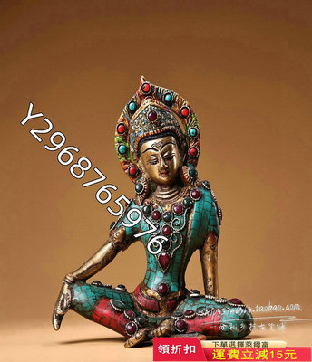 藏傳尼泊爾工藝純銅綠度母坐佛像擺件鑲嵌寶石玄關居家銅佛擺設【功德坊】老貨 擺件  老物件