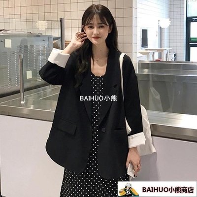 西裝外套 2021秋季新款韓版網紅休閒小西服外套寬鬆中長款黑色西裝上衣女-BAIHUO