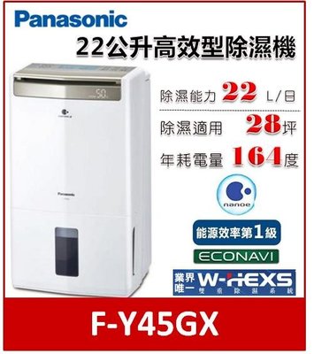 【Panasonic 國際牌】22L 1級ECONAVI W-HEXS清淨除濕機(F-Y45GX)