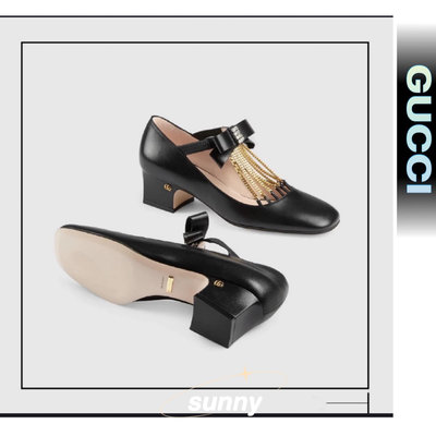 【SUNNY 二手】 Gucci 古馳 單鞋女2021春新款方頭流蘇粗跟蝴蝶結百搭淺口中跟英倫風瑪麗珍鞋