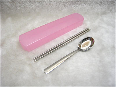 不鏽鋼餐具組-#304二入平底湯匙抽式盒餐具組-S-034-292-透明粉色