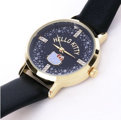 現貨  日本三麗鷗Hello Kitty 金框黑面手錶 皮革錶帶