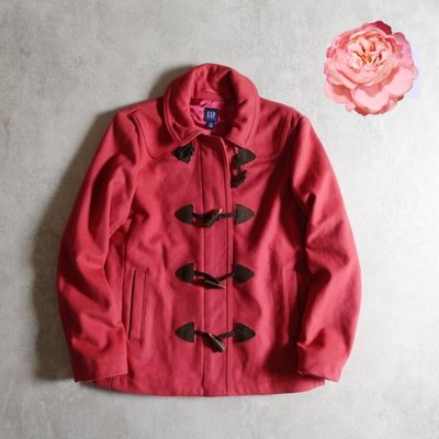 美國休閒品牌 GAP 女款 深粉紅色 羊毛混紡 牛角扣 短大衣 M號