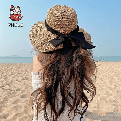 【7Nele】草帽 女款 大簷 沙灘帽 防晒 蝴蝶結 波浪邊 夏天 戶外 可摺疊 遮陽帽