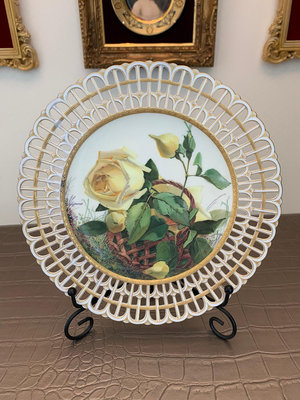 Minton明頓 19世紀末手繪黃玫瑰鏤空賞盤