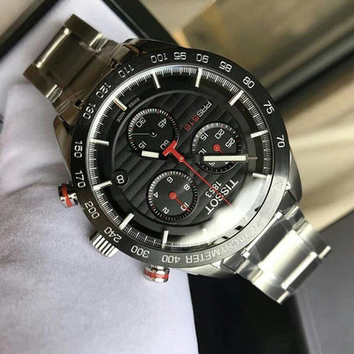 TISSOT PRS516 黑色面錶盤 陶瓷錶圈 銀色不鏽鋼錶帶 石英 三眼計時 男士手錶T1004171105101 天梭腕錶