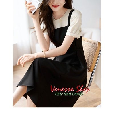 VENESSA~ VS 新款 甜美減齡 假兩件緹花短袖襯衫背心裙 小清新連身洋裝 大碼 (T1813)