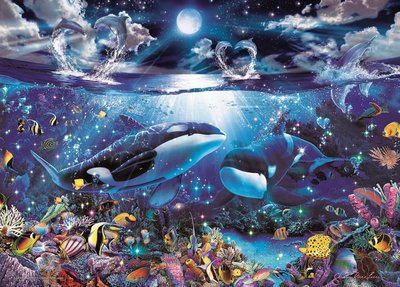 缺 日本進口拼圖 海洋 殺人鯨 月光 Lassen 2000片夜光拼圖 54-709
