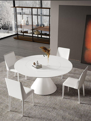 【現貨精選】巖板餐桌簡約純白色圓桌家用圓形內嵌式轉盤德利豐小戶型純黑飯桌