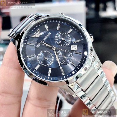 ARMANI手錶,編號AR00025,44mm銀圓形精鋼錶殼,寶藍色三眼, 中三針顯示, 水鬼錶面,銀色精鋼錶帶款