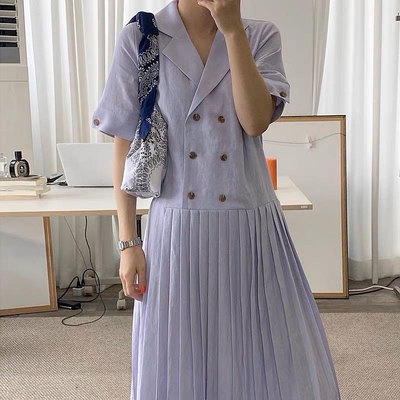 韓國🌵西裝領雙排扣短袖百褶連身裙