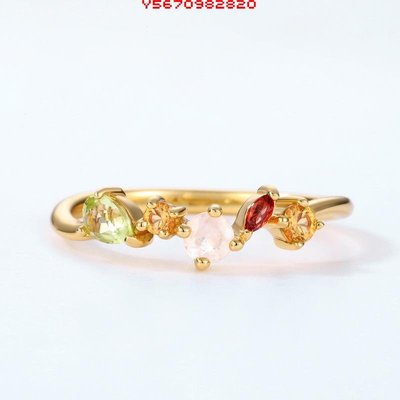 日本簡約彩寶時尚s925純銀戒指女橄欖石黃晶紅石榴幾何形指環