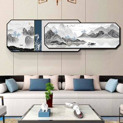 新中式客廳壁畫風景晶瓷掛畫輕奢風疊加長方形山水畫沙發中式簡約