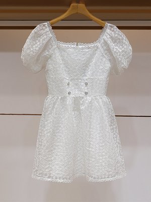 『TANG KOREA 正韓』夏新款法式方領泡泡袖高腰減齡蕾絲碎花白色連身裙