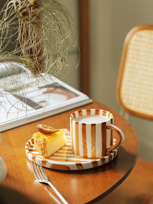 【現貨精選】日式家用陶瓷馬克杯復古條紋中古咖啡杯早餐杯水杯情侶杯ins套裝~清倉