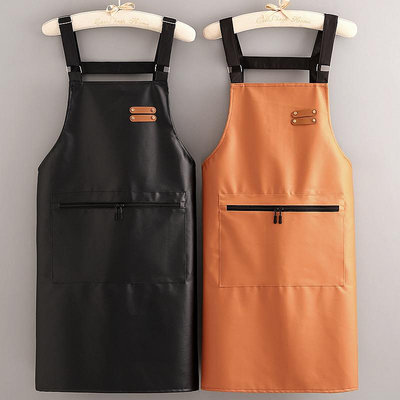 時尚PU皮革圍裙防水防油家用廚房上班做飯水產定製logo印字工作服