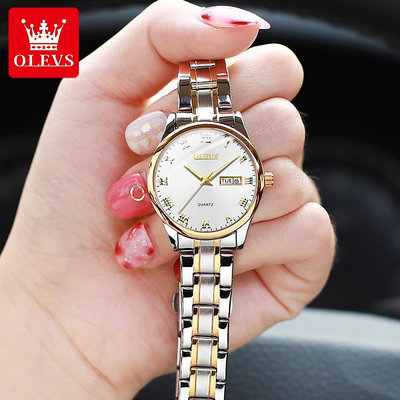 OLEVS 5568女表 雙顯夜光防水石英手錶女生 品牌原創簡約手錶 不鏽鋼皮革錶帶女士腕錶