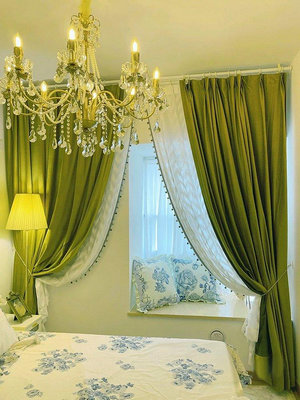 【現貨精選】橄欖墨綠色絲絨窗簾輕奢蕾絲復古法式2022年新款客廳臥室遮光絨布