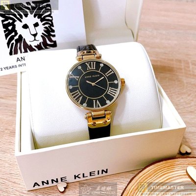 AnneKlein手錶,編號AN00040,34mm金色圓形精鋼錶殼,黑色羅馬數字錶面,深黑色真皮皮革錶帶款,表白好禮