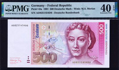 德國 1991年版 500馬克 (植物和生物學家 梅里安) PMG 40 EPQ 紙幣 紀念鈔 紙鈔【悠然居】1614