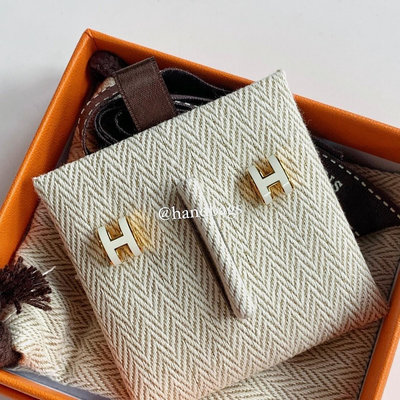【翰貝格名牌館】全新真品 HERMES Mini POP 白色 H Logo 琺瑯 配金 橢圓 耳環 耳針 現貨
