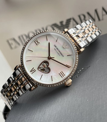 EMPORIO ARMANI 鏤空愛心 珍珠貝母錶盤 玫瑰金色配銀色不鏽鋼錶帶 女士 自動機械錶 AR60049 亞曼尼腕錶