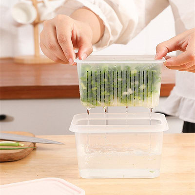 新款雙層瀝水蔥花保鮮盒冰箱收納盒家用廚房蔬菜水果瀝水籃