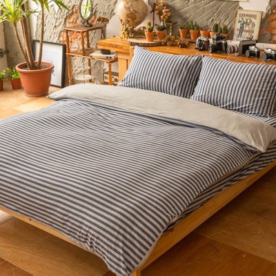 (免運)【小日常寢居】無印風簡約格調100%針織純棉5尺雙人床包+枕套三件組-藍(不含被套)台灣製