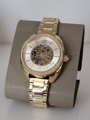 FOSSIL Vale Automatic 水鑽圈 銀色鏤空錶盤 金色不鏽鋼錶帶 女士 自動機械錶 BQ3729