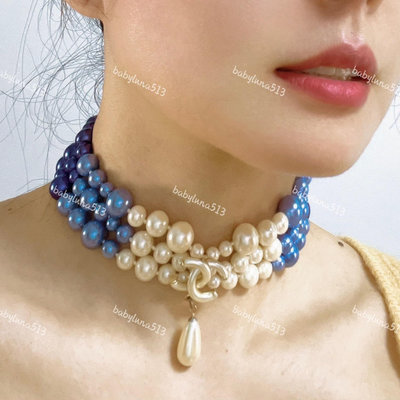 Chanel vintage中古香奈兒瀑布系列漸變藍色珍珠毛衣鍊項鍊