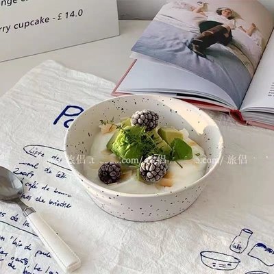 促銷打折 ins簡約白色韓式潑墨陶瓷碗麻點西餐碗酸奶谷物碗早餐碗餐廳