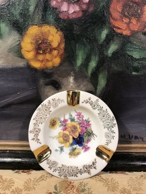 歐洲古物時尚雜貨 法國Limoges利摩日 黃紅紫花卉圖騰小碟 瓷盤畫 擺飾品 古董收藏