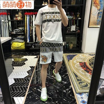 輕奢男裝2022夏季新款男生上衣大學衣著衣服時尚流運動休閒兩件式套裝男韓版潮牌帥氣冰絲短袖短褲衣服男一套~萌萌好物~