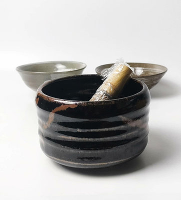 日本制 三只茶道碗 名家 抹茶碗 老物件 黑樂 刷毛目 陶藝